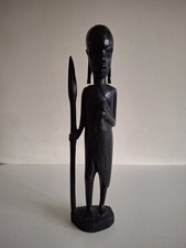 African Ebony Wood Tribal Warrior Figure Spear Hand Carved Folk Art 34cm Vintage