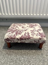 Small Padded Footstool Upholstered In A Burgundy and Cream French Toile Fabric