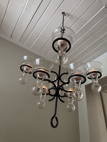 Vintage Mid Century Modern Wrought Iron And Hand Blown Glass Chandelier - Picture 8 of 9