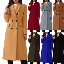 Ladies Woolen Jacket Double Breasted Plain Trench Coat Winter Overcoat Womens@UK