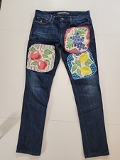 Upcycled Denim Jeans Size 29 Skinny Fit Handmade Patchwork Fruit Vtg Boho 32X29