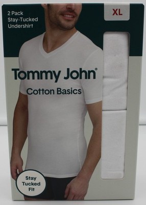 Tommy John Undershirt Mens XL Cotton Basics 2 Pack V-Neck White Stay-Tucked NEW