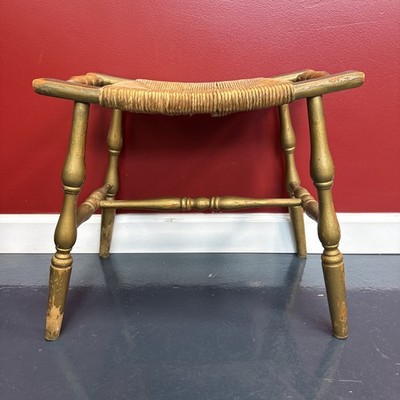 Vtg Wood Rush Shaker Bench | Rush Top Ottoman | Woven Sitting Stool