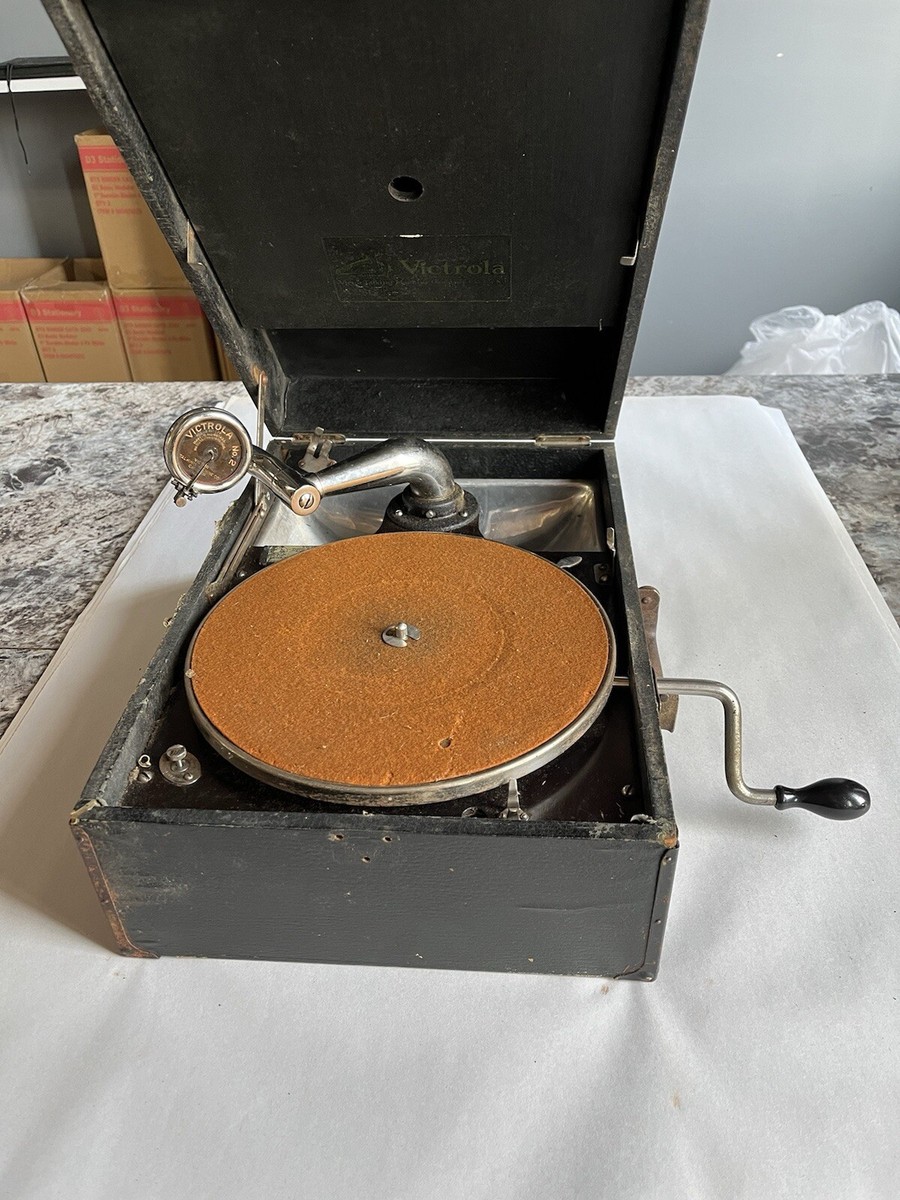 Vintage Antique Victrola Suitcase Record Player Hand Crank