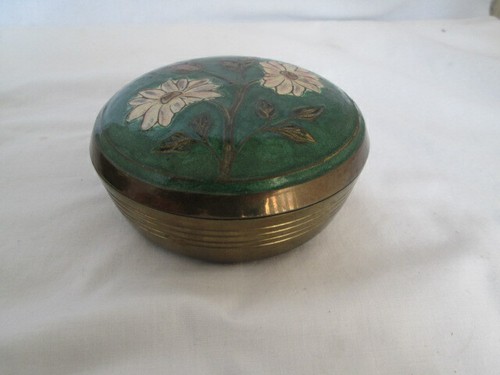 Cloisonne Brass Trinket Box W/ Zip Jewelry Pouch Green Enamel Floral 4" Lidded - Picture 2 of 6