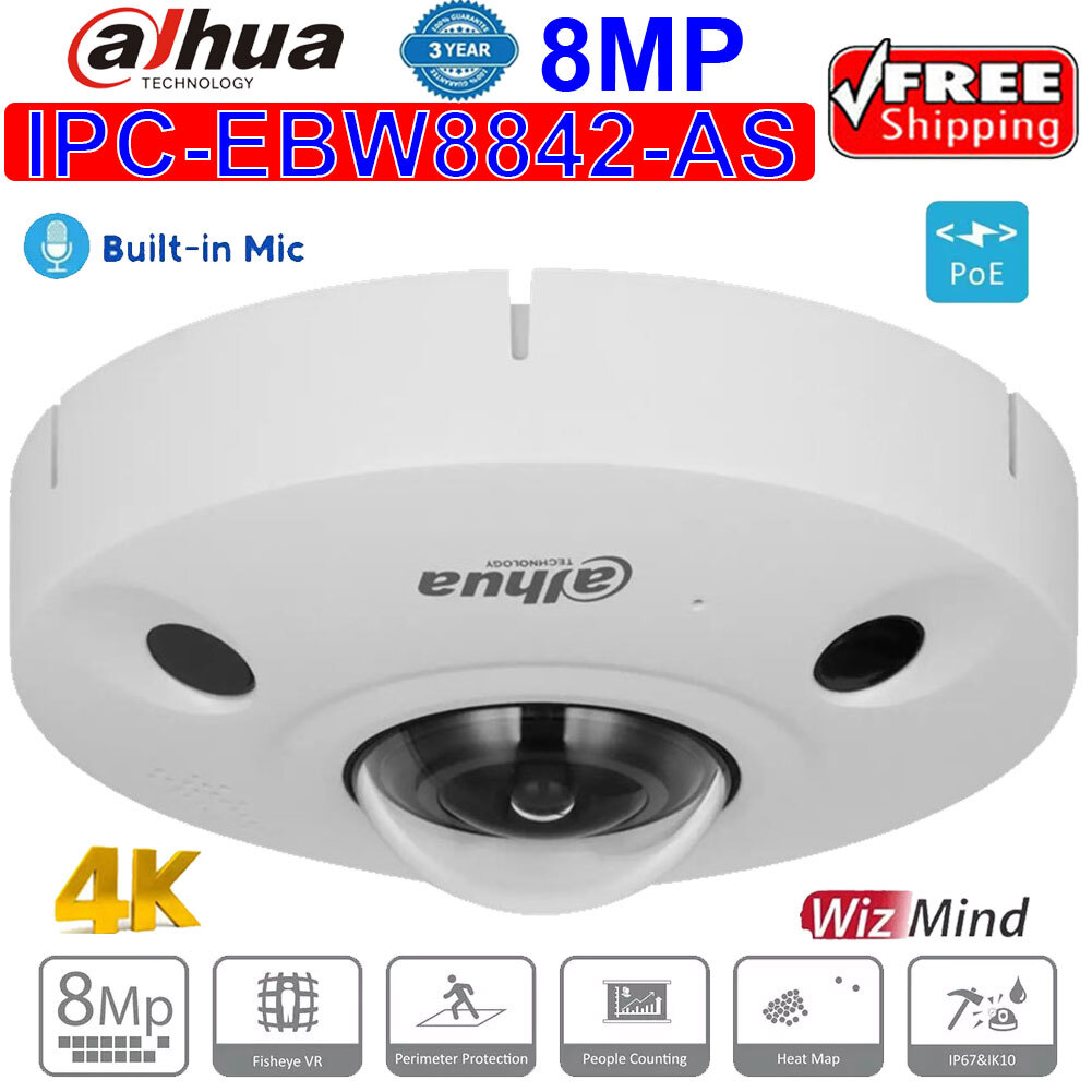 Dahua 4K 8MP 185° Fisheye IR WizMind IP Camera 2-Way Audio POE IPC-EBW8842-AS