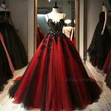 Red And Black Wedding Dresses Spaghetti Straps Long Vintage Lace Applique Back