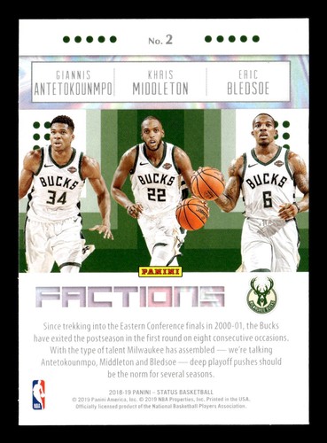 Giannis Antetokounmpo 2018-19 Panini Status #2 Milwaukee Bucks Factions - Picture 2 of 2