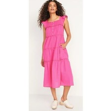 Old Navy Womens Tiered Midi Dress L Pink Ruffle Sleeve Smocked Cottagecore