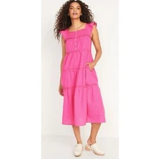 Old Navy Womens Tiered Midi Dress L Pink Ruffle Sleeve Smocked Cottagecore