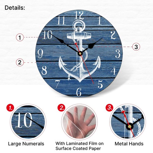TAHEAT 14 Inch White Anchor Pattern Wall Clock, Non Ticking Silent Clocks, Na... - Picture 3 of 6