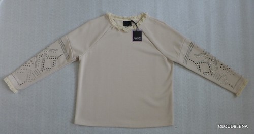 NUEVO CON ETIQUETAS NANETTE LEPORE Borde Borde Mangas Tachonadas Pullover Suéter Top Talla L Natural - Imagen 4 de 12