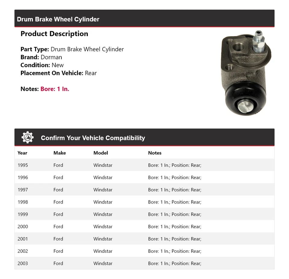 Cilindro de rueda de freno de tambor trasero 1996 1997 1998 Ford Windstar Dorman 1995-2003 Foto 2 de 4