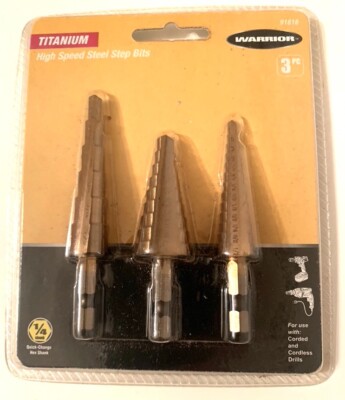 Warrior 91616 High Speed  TitaniumSteel Step Bits, 1/4 in Hex Shank, 3 Pieces