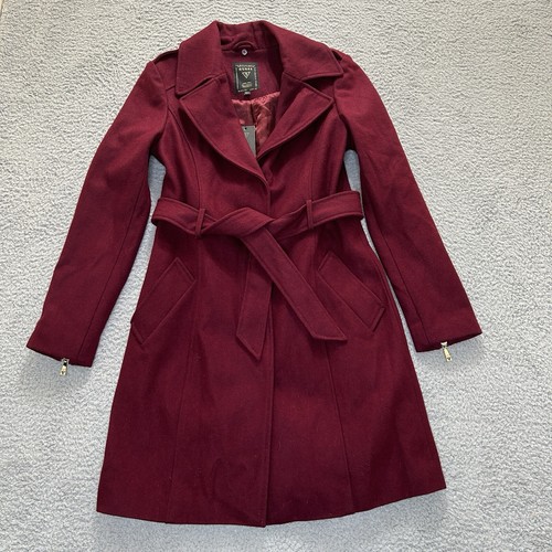 Guess Coat Womens Small Burgungy Single Breasted Belted Lined Zip Sleeves Snap