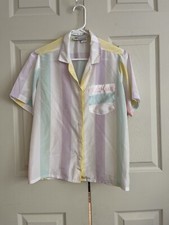 Vtg 80s Aspirations Blouse Womens 10 Short Sleeve Striped Button Down USA Made