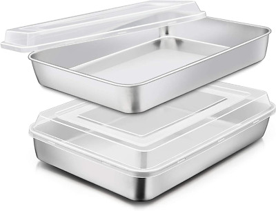 2 Set Stainless Steel Baking Pan with Lid Rectangle Cakes Pans Covers Bakeware