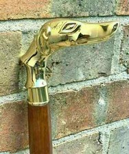 Antique Solid Brass Dog Head Handle Wooden Walking Stick Cane Vintage Designer