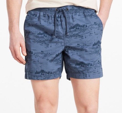 LL Bean Dock Shorts Herren XL Reg Blau Allover Print Elastischer Bund Kordelzug