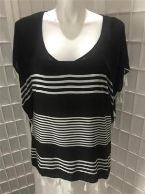 Women's C&T Beach XL Raven Black White Striped Sheer Summer Box Blouse