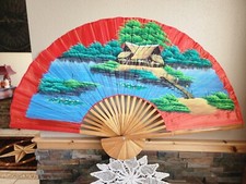 HUGE Vintage Asian Japanese Wall Art Fan Trees Water, Hand-Painted 58" x 35"