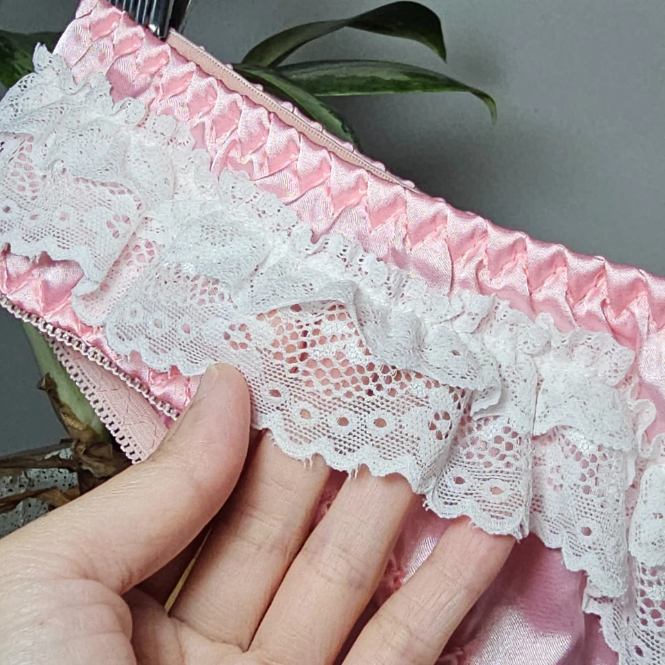 Shiny Pink Satin Panty Sissy White Nylon Lace Bikini Brief Size 9-10 Hip 45-48" - Image 3 of 4