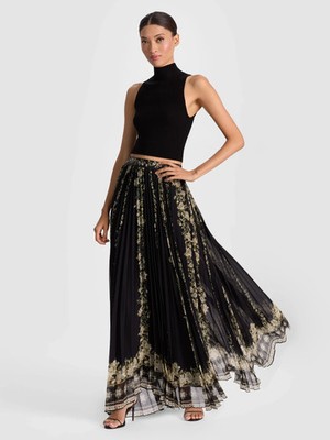 ALICE &OLIVIA (2) KATZ FREE FALLING BLACK FLORAL PLEATED MAXI SKIRT NWT MSRP$595