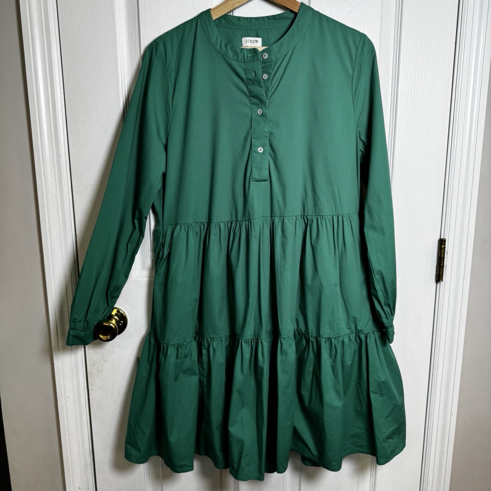 J.Crew Re-Imagined Emerald Green Tiered Cotton Dress Size Medium Cotton Pockets