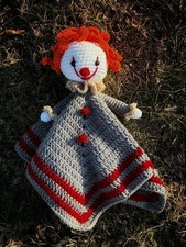 Handmade Crochet Pennywise Lovey Security Blanket Doll Gray Red White