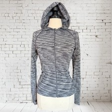 Athleta Full Zip Jacket Hooded Track Jacket Sz M Space Dye Gray Ruched Sides