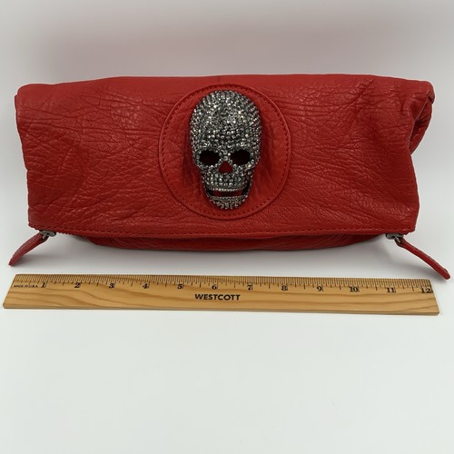 Thomas Wylde Diamante Skull Red Leather Fold Over Clutch Zipper Closure - Picture 3 of 12