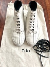 $495 TIBI Gabe Cream Leather Sneakers Grain Calf High Top Shoes Booties Black 38