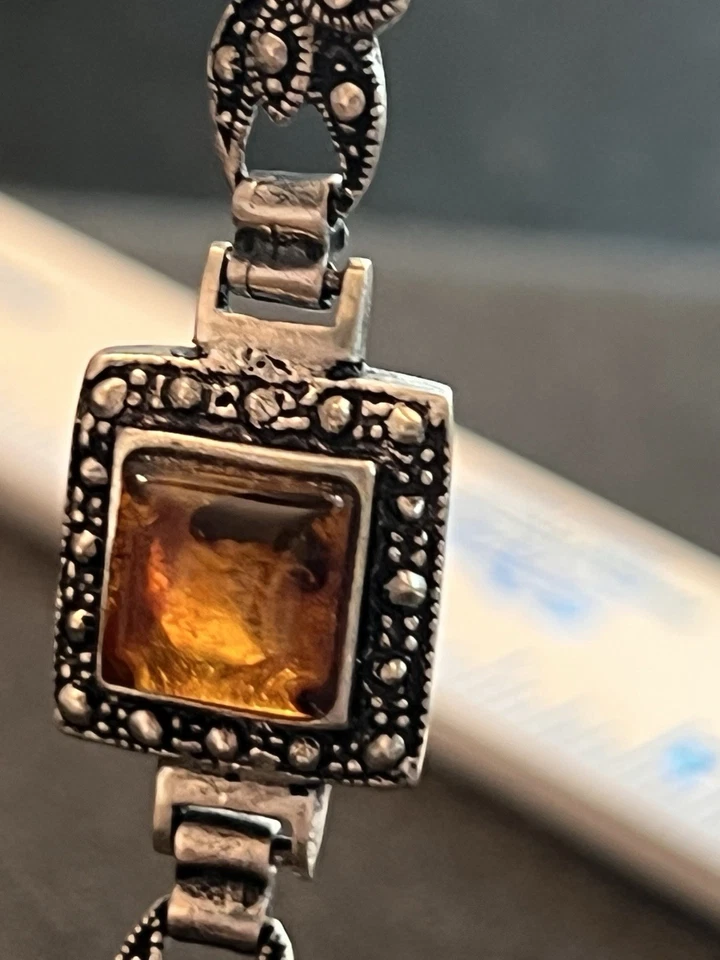 Pulseira de filigrana âmbar natural vintage 925 prata esterlina sólida 8 pol - Imagem 2 de 4