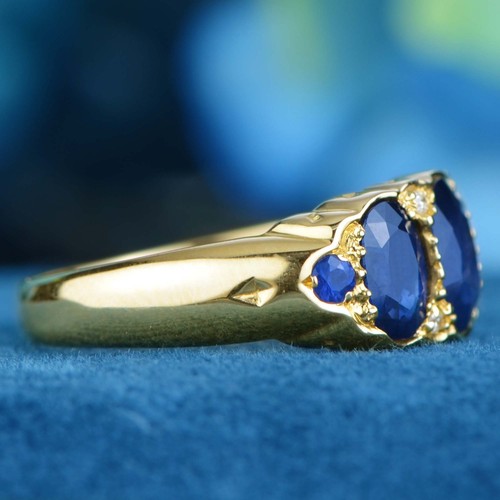 14K Gold Natural Blue Sapphire and Diamond Vintage Style Three Stones Ring - Picture 4 of 13