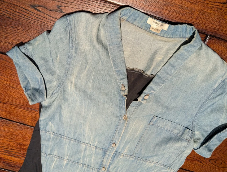 Helmut Lang Women's S/S Button-Up Lightweight Denim Shirt w/ Jersey Back Sz P XS - Image 4 of 4