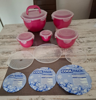 5 LocknLock Schüsseln in Himbeere v. 250ml - 4,0 L u. 3 Einleger u. 3 Kühlakkus.