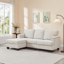 86" L-Shaped Sectional Sofa w/ Ottoman, 3-Seat Linen Couch, Beige