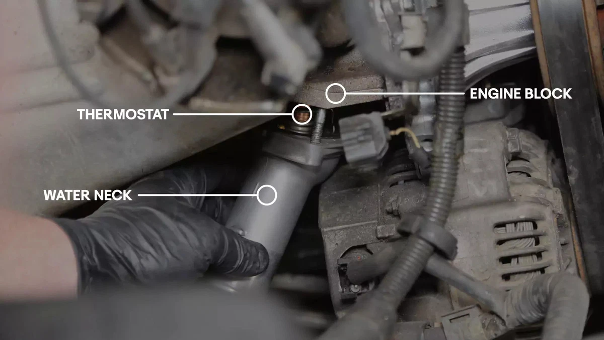Arrows pointing to thermostat components on an engine block.