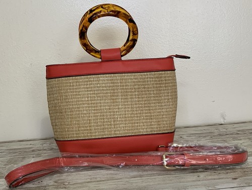 Atrie Straw Woven Handbag Red Faux Leather Tortoise Ring Handle Crossbody Strap - Picture 1 of 9