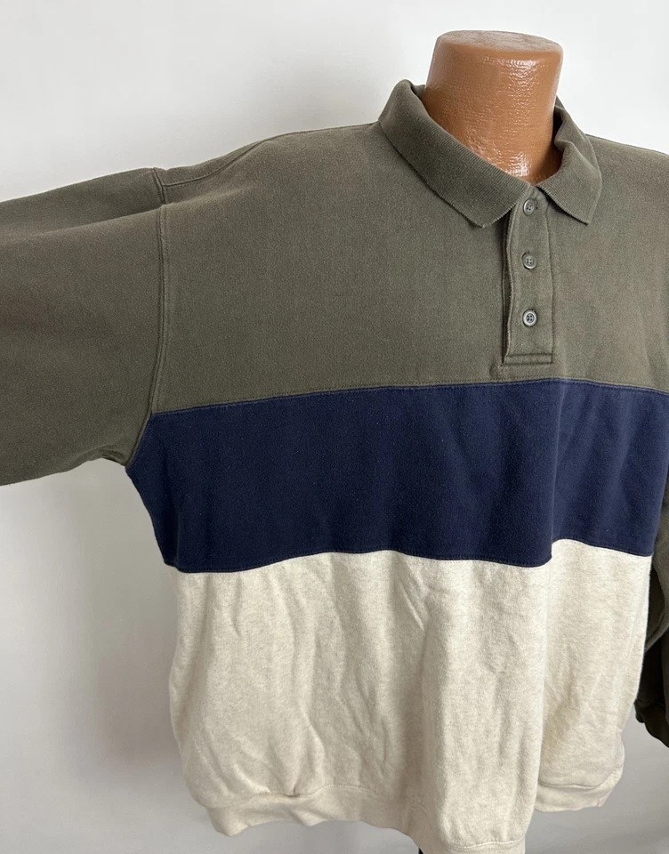 Sudadera Vintage Años 90 Bloque de Color Para Hombres XXL 2XL Cuello Polo Pullover Oliva Azul Marino Foto 4 de 4