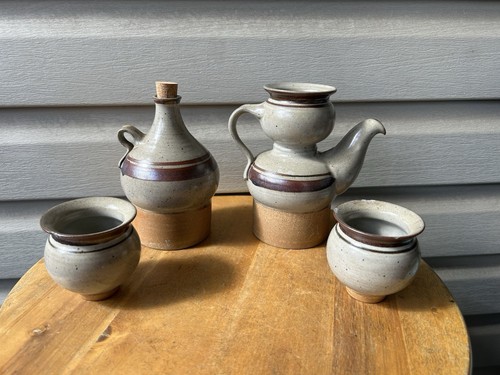 Jacob Bang Denmark MCM Brown Stripe Pottery Coffee Pots Cups 4 Rare-Chipping