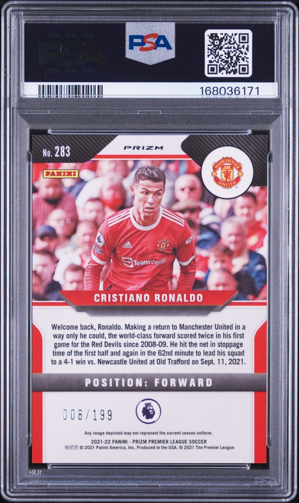 Panini 2021-22 Prizm Premier League Cristiano Ronaldo #283 Red Prizm /199 PSA 9 view 2