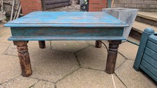 Rustic Indian Low Wooden Altar Table (Bajot) - Hand-Carved Distressed Blue