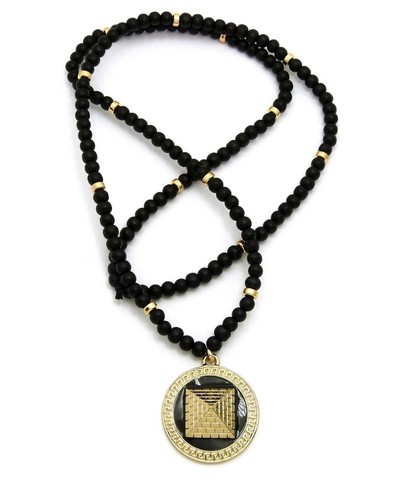 Gold PT Egyptian Pyramid Pendant & 30" Wooden Bead Chain Hip Hop Necklace set - Picture 6 of 6