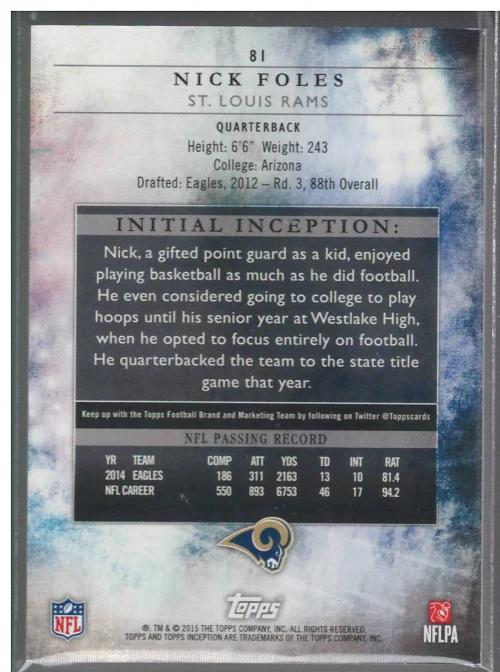 B4624- 2015 Topps Inception Purple #81 Nick Foles - NM-MT - Image 2 of 2