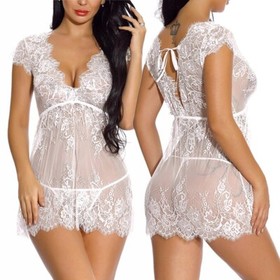 Women Sexy Lingerie Lace Dress Babydoll Nightdress Sleepwear Nightgown Thong Set