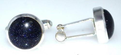 Natural Blue Sunstone Gemstone 925 Sterling Silver Cufflinks For Men's Gift - Picture 5 of 8