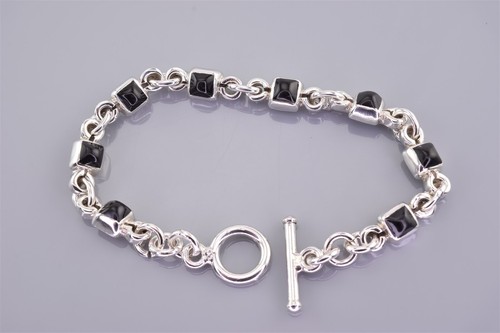 HOB Sterling Silver 7mm Pyramid Black Onyx Linked 925 Toggle Bracelet 20g 7" - Picture 3 of 5
