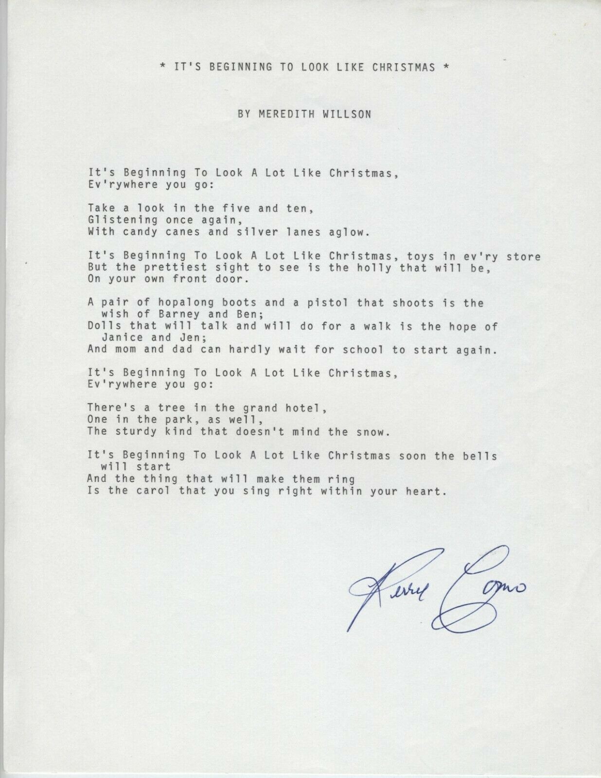 PERRY COMO SINGER TYPED QUOTE SIGNED BRGINNING LOOK LIKE CHRISTMAS ORIGINAL