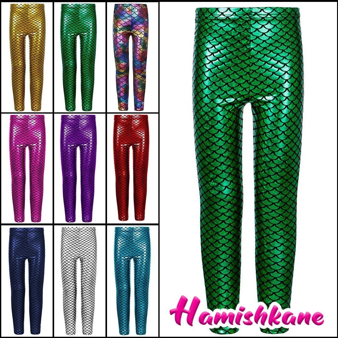 Girls Mermaid Leggings Kids Fish Scale Disco Skinny Shiny Metallic Trouser Pants